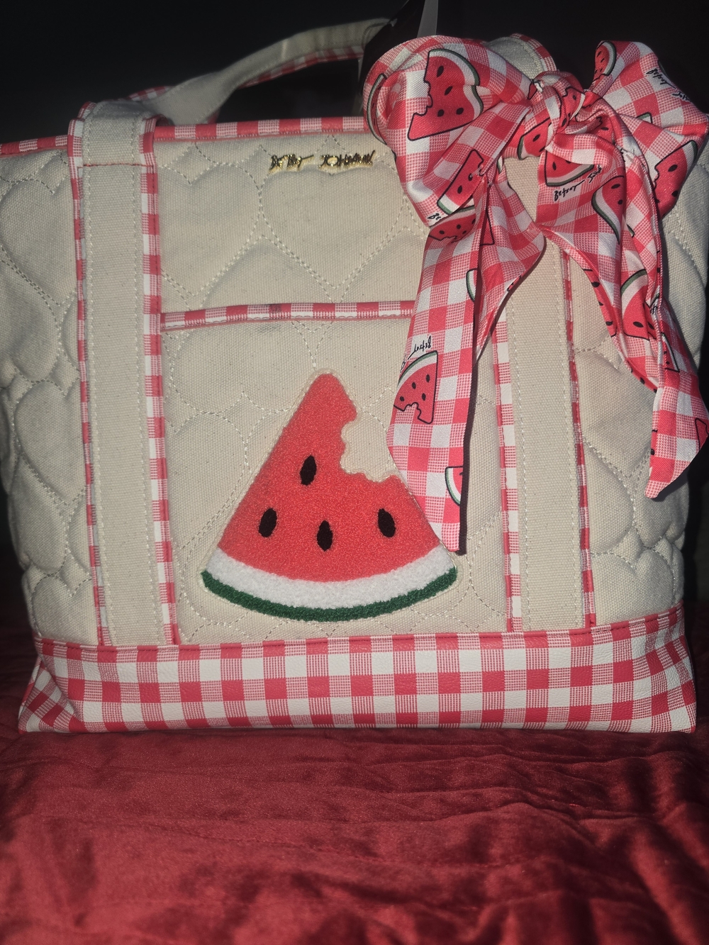 Betsey Johnson Cream Quilted Tote with Pink Gingham and Watermelon Bow